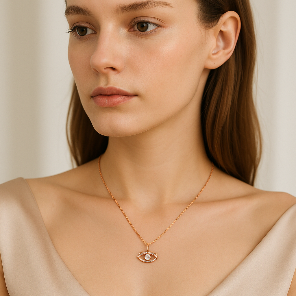 Woman wearing a gold necklace with an eye pendant on a neutral background