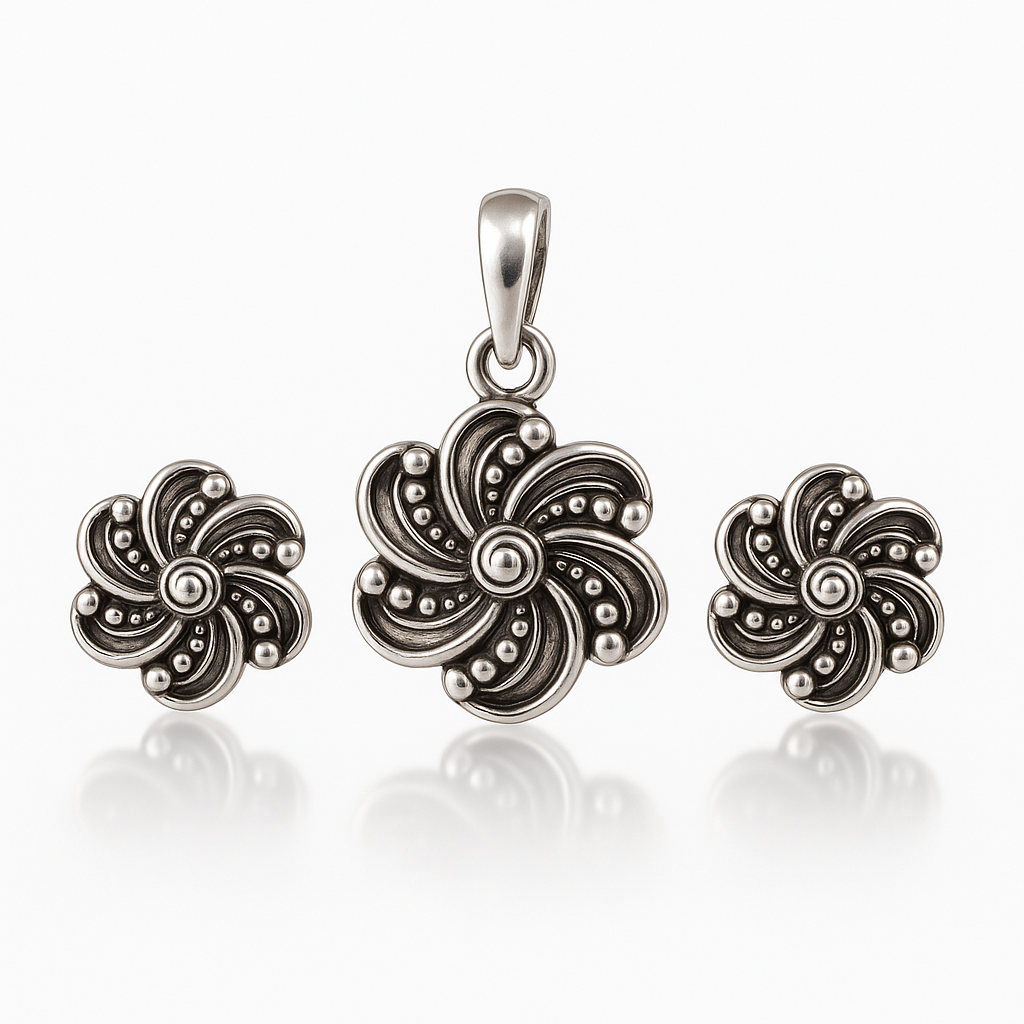 Oxidized Flower Earring with Pendant - MIOR JEWELS