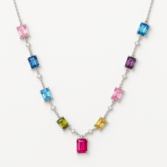 Necklace with multicolored gemstones on a white background
