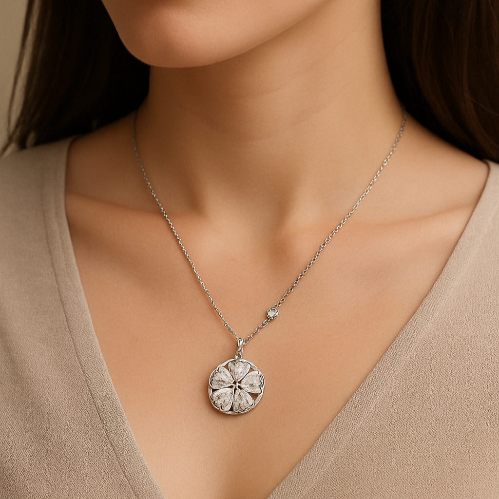 Close-up of a woman wearing a silver necklace with a pendant against a neutral background
