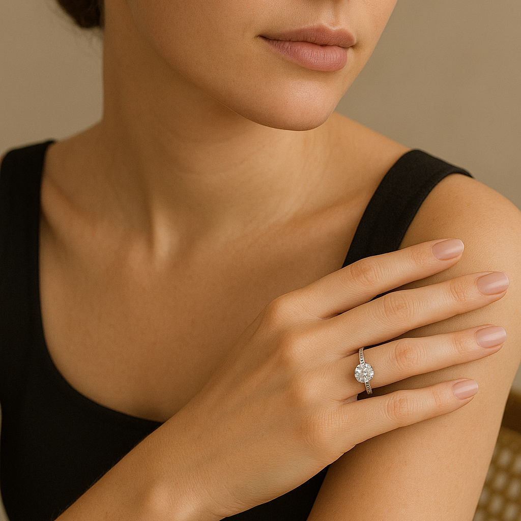 Woman wearing a black sleeveless top with a diamond ring on her finger against a neutral background