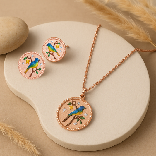 Songbird Medallion Chain Pendant and Earrings Set
