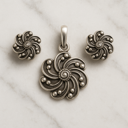 Oxidized Flower Earring with Pendant - MIOR JEWELS