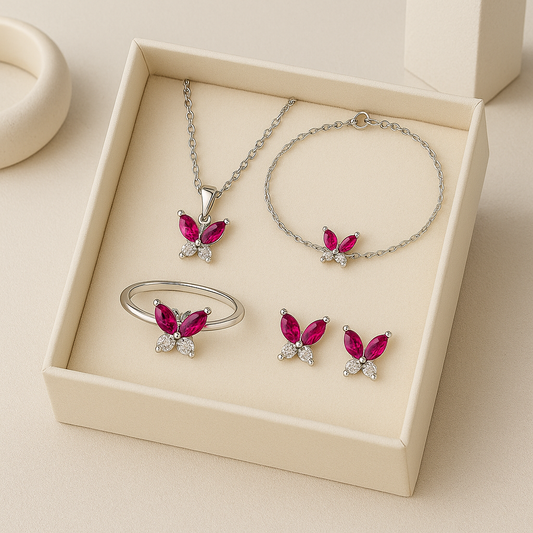 Crimson Flutter Set  with Ring, Chain Pendant, Earrings and Bracelet Set