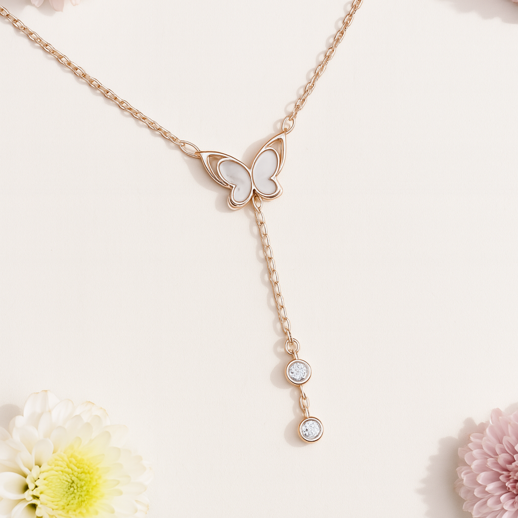 Butterfly necklace with gemstones on a light background with flowers