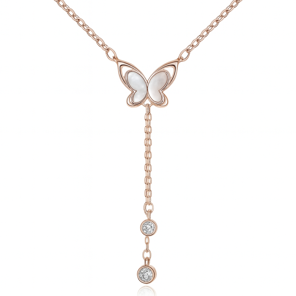 Rose gold necklace with a butterfly pendant on a white background