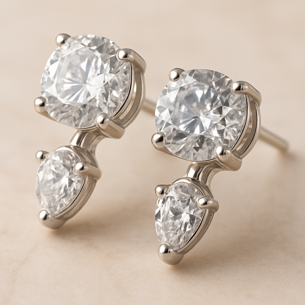 Pair of diamond earrings on a beige background