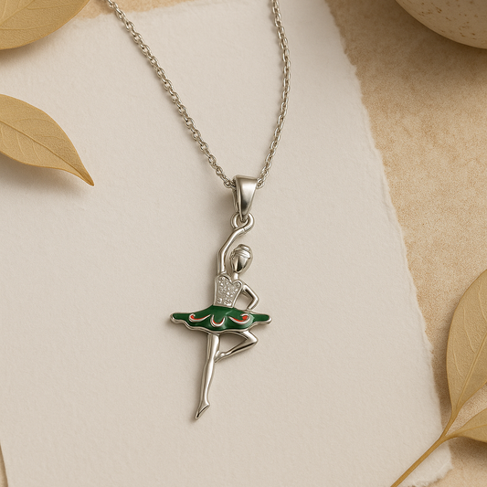Silver necklace with a ballerina pendant on a beige background