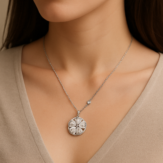 Close-up of a woman wearing a silver necklace with a pendant against a neutral background