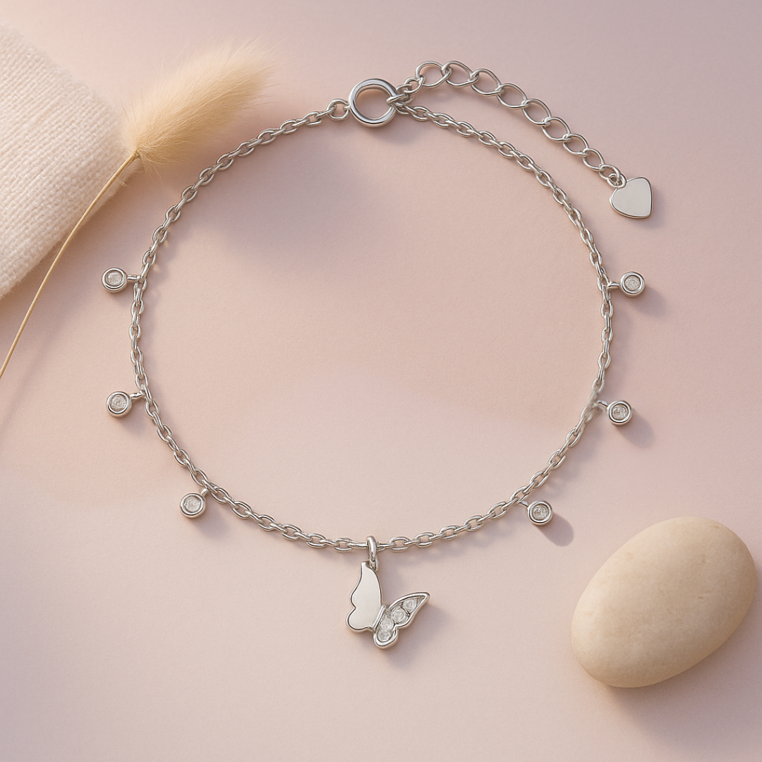 Sparkling Heart Butterfly Anklets Pair